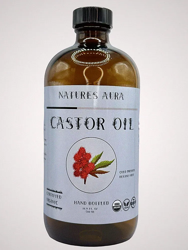 Natures Aura Organic Castor Oil - Glass (16.9 Oz) | Cold Pressed, Hexane Free